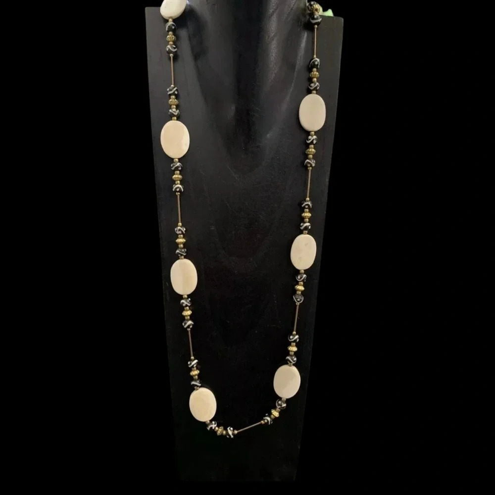 Bohemian Batik Stone & Gold Beaded Long Statement Necklace